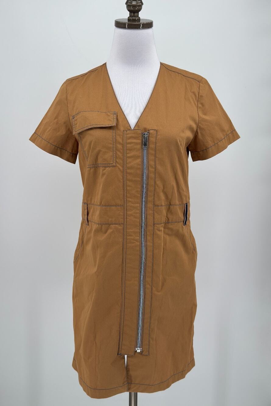Cop Copine Obstinee Brown V Neck Short Sleeve Zip Up Shift Dress Sz US S EU 36